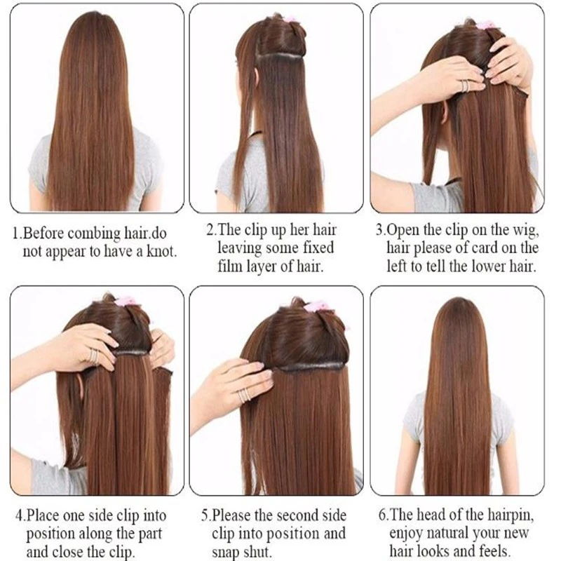 24Inch Synthetic Long Straight 5 Clips One Piece Invisible Hair Extensions Black Brown Hairpiece for Women