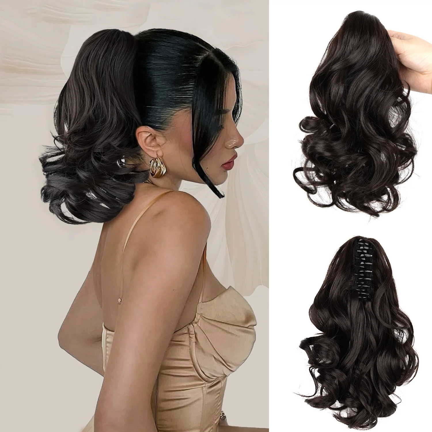 Ponytail Extensions,10 inch Short Claw Clip on Ponytail Extensions Chocolate Brown Synthetic Curly Wavy Pony Tails Hairpieces