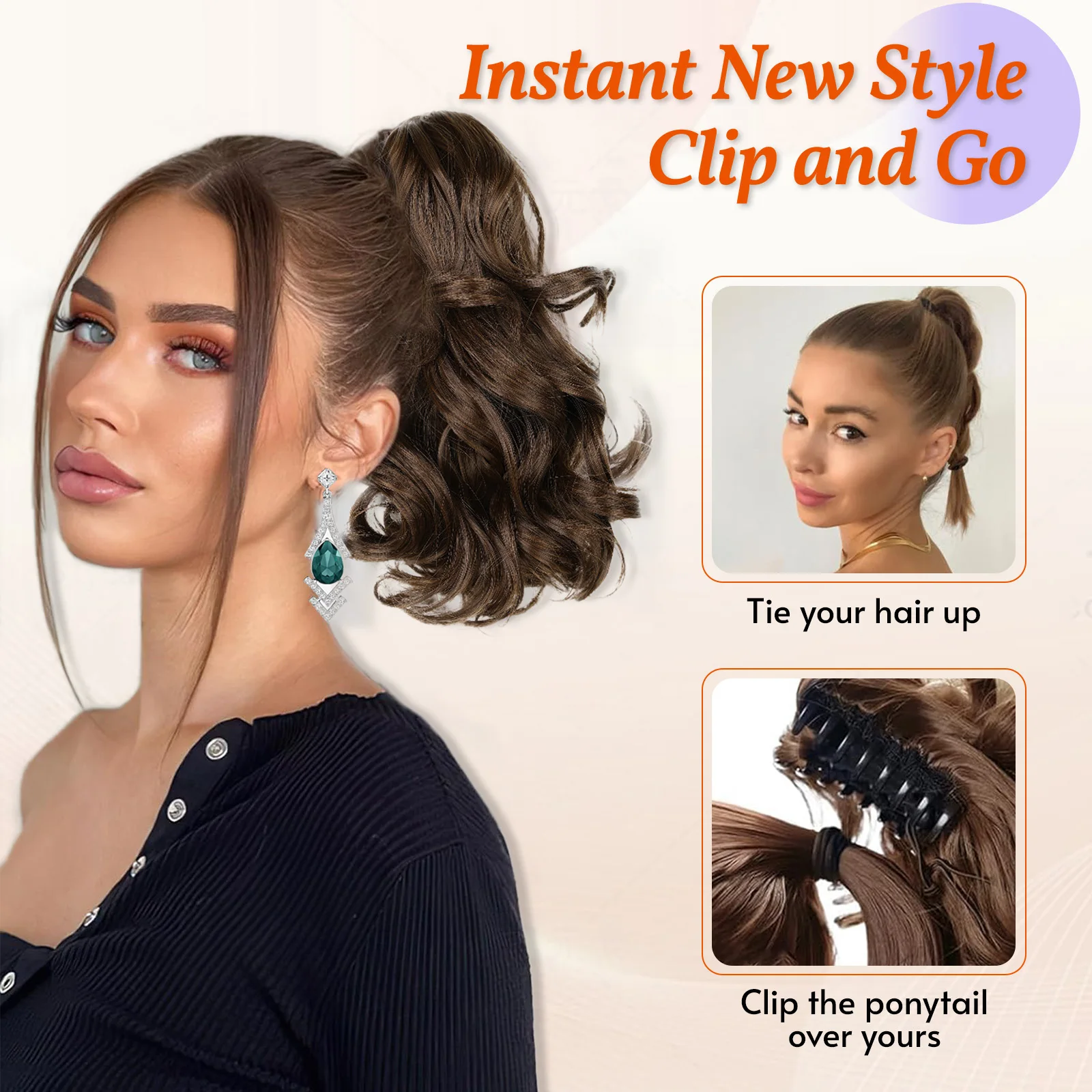 Ponytail Extensions,10 inch Short Claw Clip on Ponytail Extensions Chocolate Brown Synthetic Curly Wavy Pony Tails Hairpieces