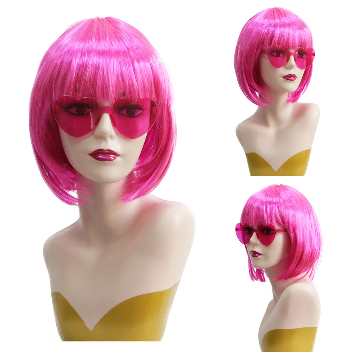 Hot Pink Short Bob Synthetic Wig Bangs Retro Y2K Women Bachelorette Halloween Club Carnival Cosplay Party