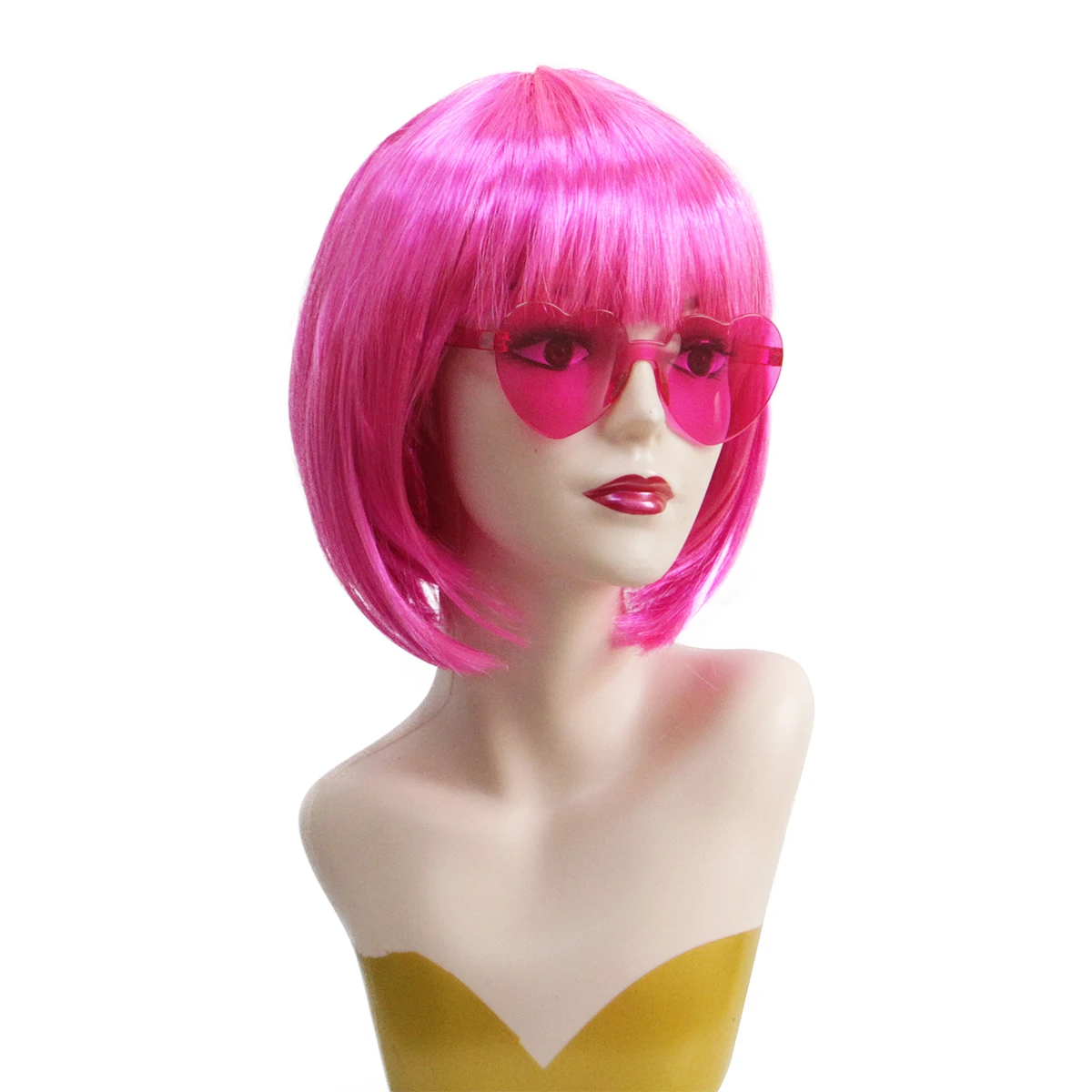 Hot Pink Short Bob Synthetic Wig Bangs Retro Y2K Women Bachelorette Halloween Club Carnival Cosplay Party