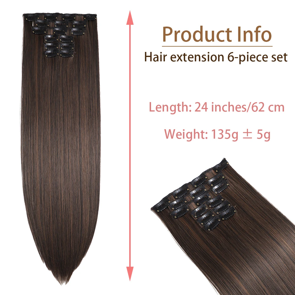 24 Inches Synthetic Long Straight Hairstyle 16 Clips 6Pcs/Set Hair Extensions Blonde Black Hairpieces Heat Resistant For Women