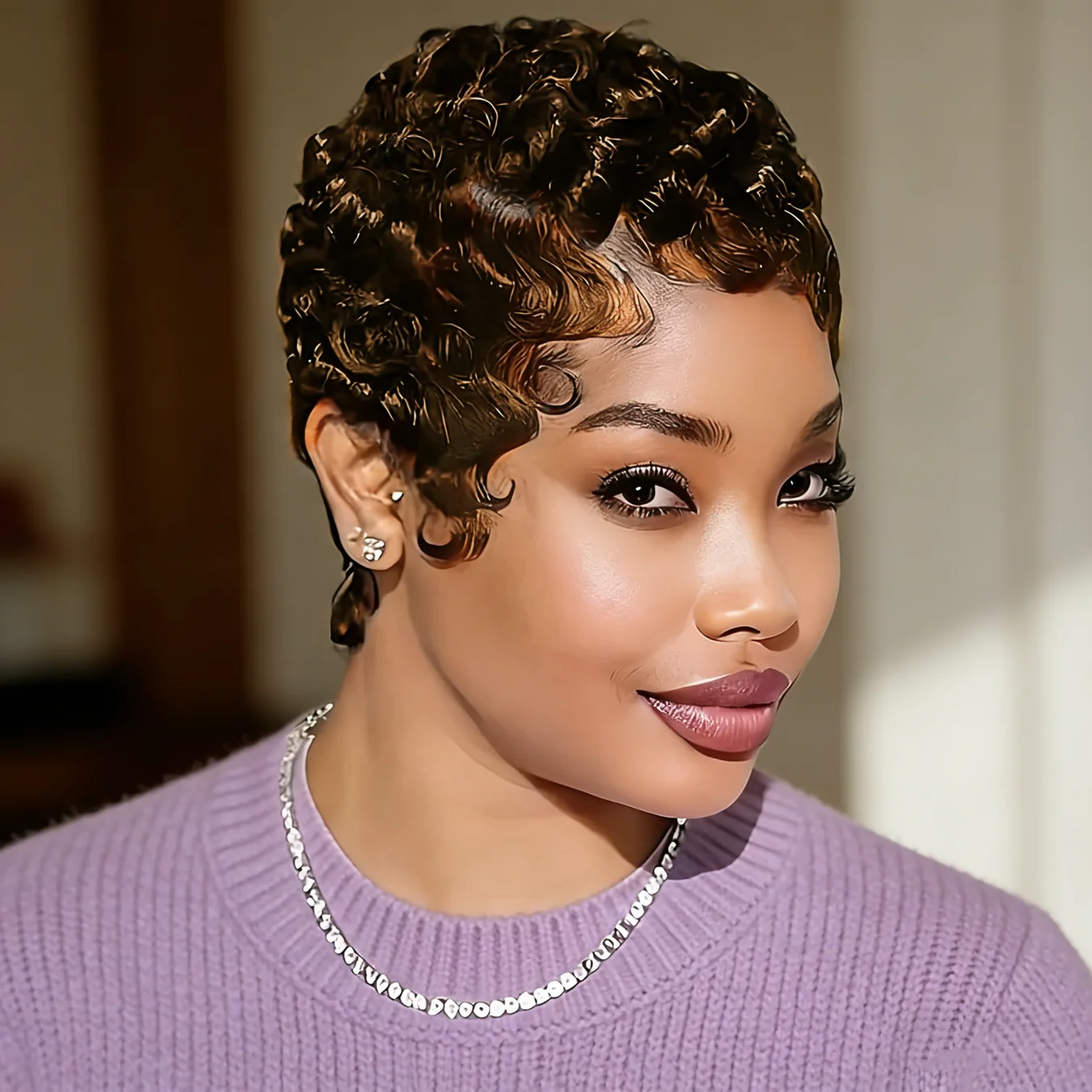 Side Part Pixie Cut Wig Human Hair, Short Layered Wigs with Bangs Full Machine Made Wigs for Women Daily Use