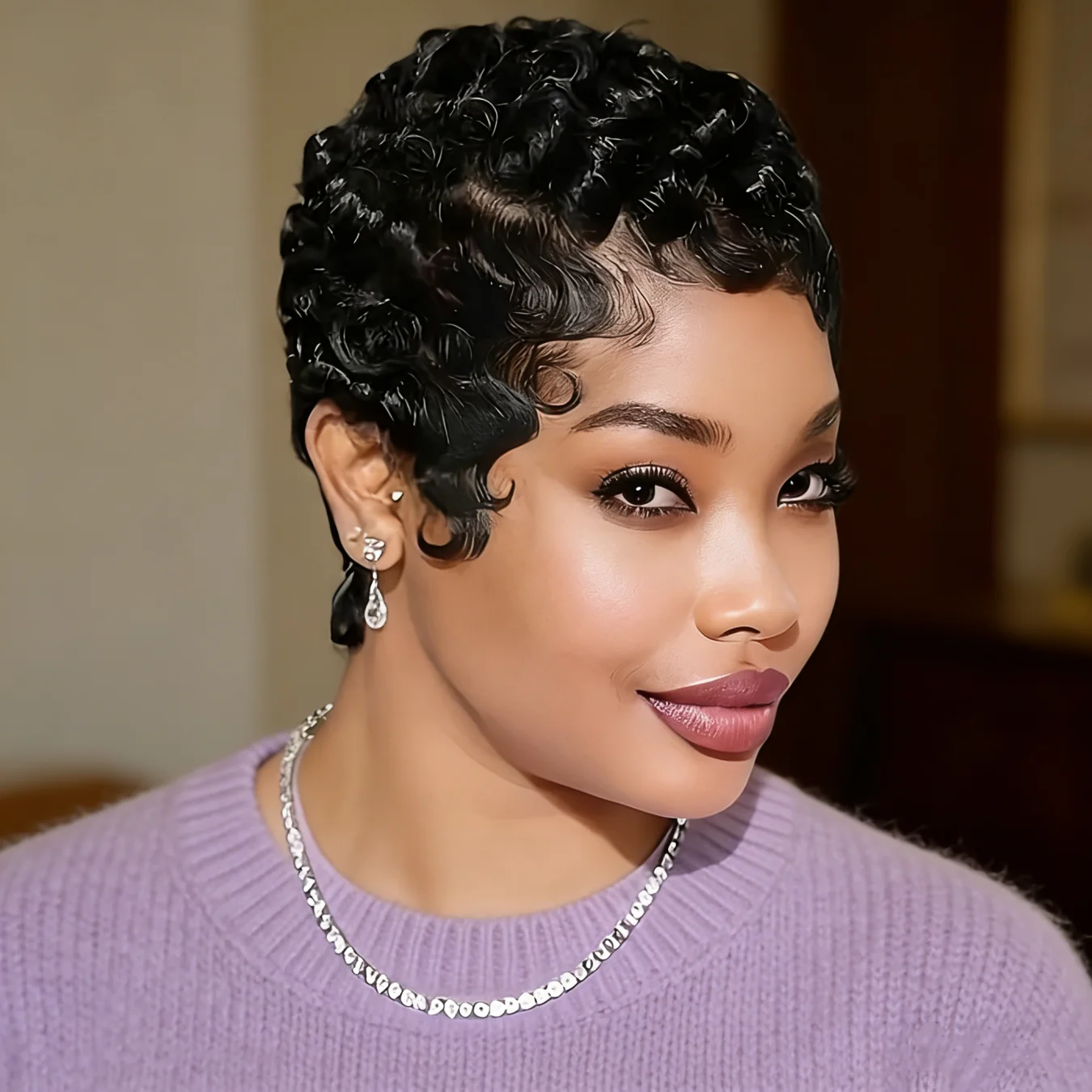 Side Part Pixie Cut Wig Human Hair, Short Layered Wigs with Bangs Full Machine Made Wigs for Women Daily Use