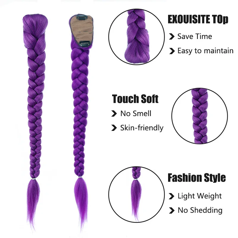 Synthetic Braided Purple Hair Ponytail Kids Costume Hairstyle 26inch Long Ponytail with Clips for Kids Girls Halloween Christmas