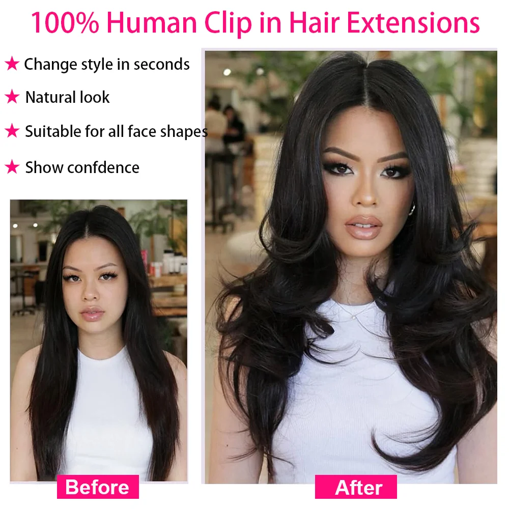 Straight Clip In Human Hair Extensions Brown Unprocessed Hair Extensions Full Head Brazilian Hair Seamless Clip Ins Extension