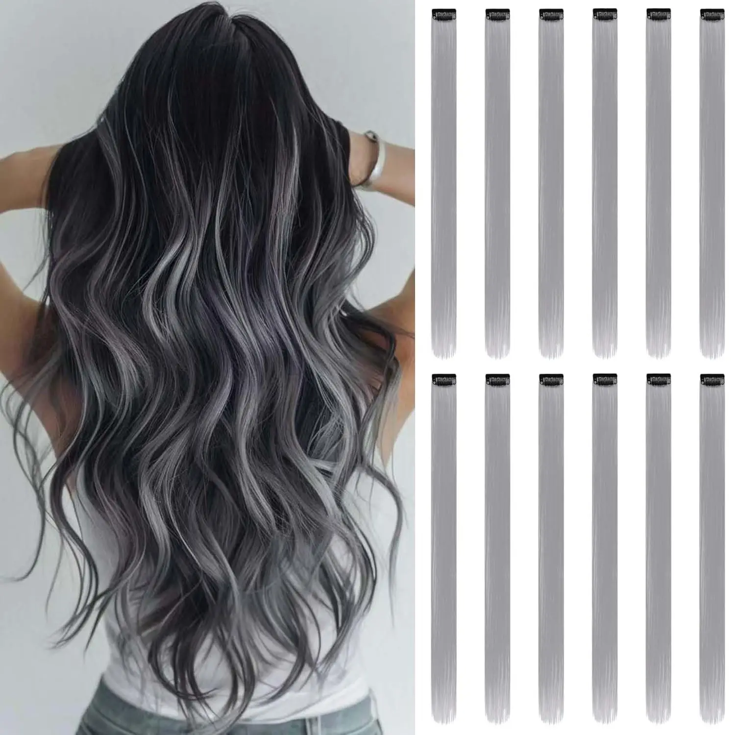 12PCS/Pack Colored Party Highlights Clip-in Hair Extensions for Girls 22 Inches Omber Colors Straight Hair Synthetic Hairpieces