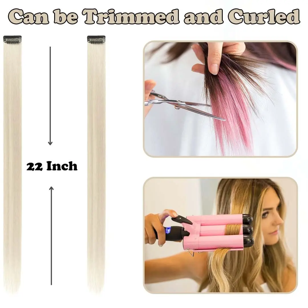 12PCS/Pack Colored Party Highlights Clip-in Hair Extensions for Girls 22 Inches Omber Colors Straight Hair Synthetic Hairpieces