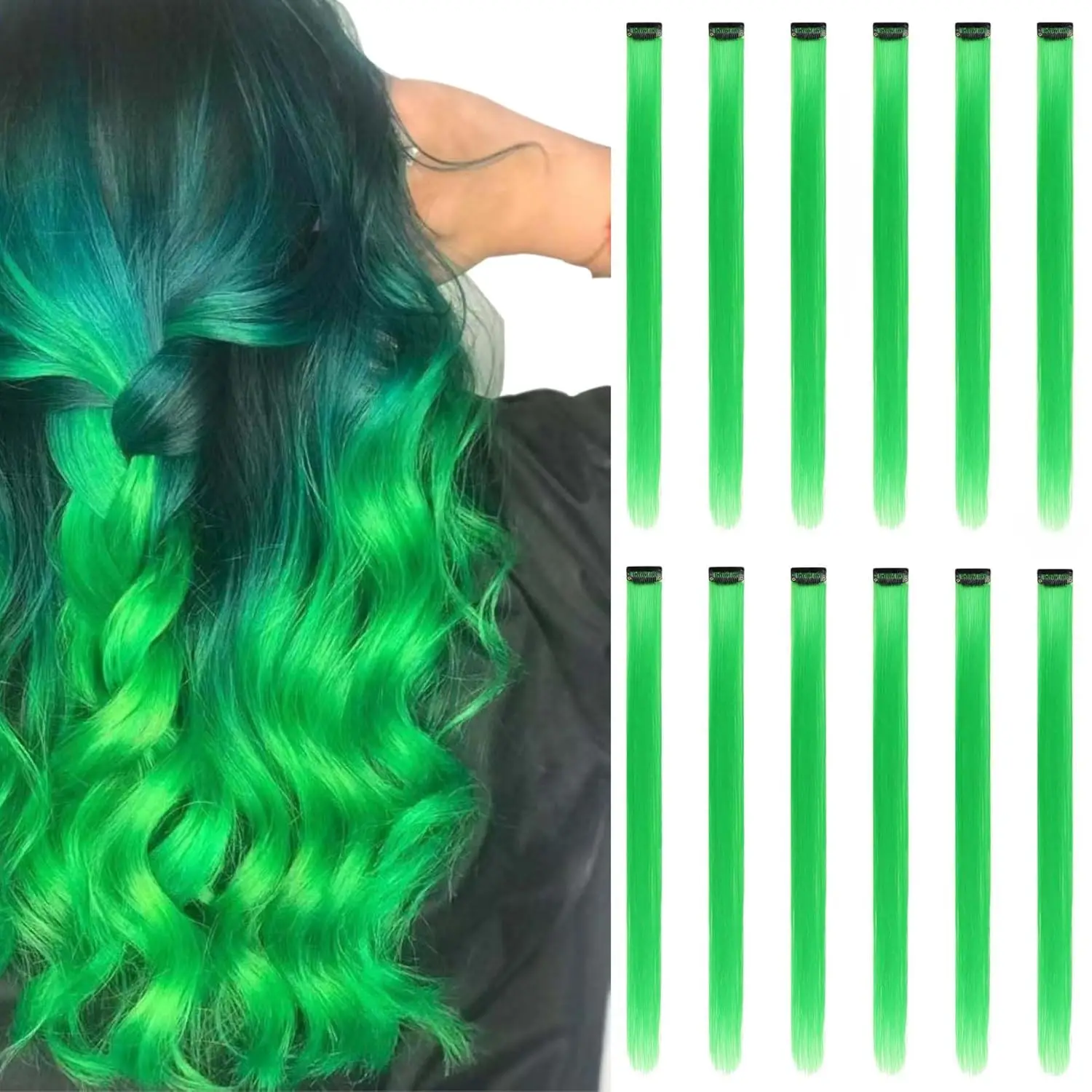 12PCS/Pack Colored Party Highlights Clip-in Hair Extensions for Girls 22 Inches Omber Colors Straight Hair Synthetic Hairpieces