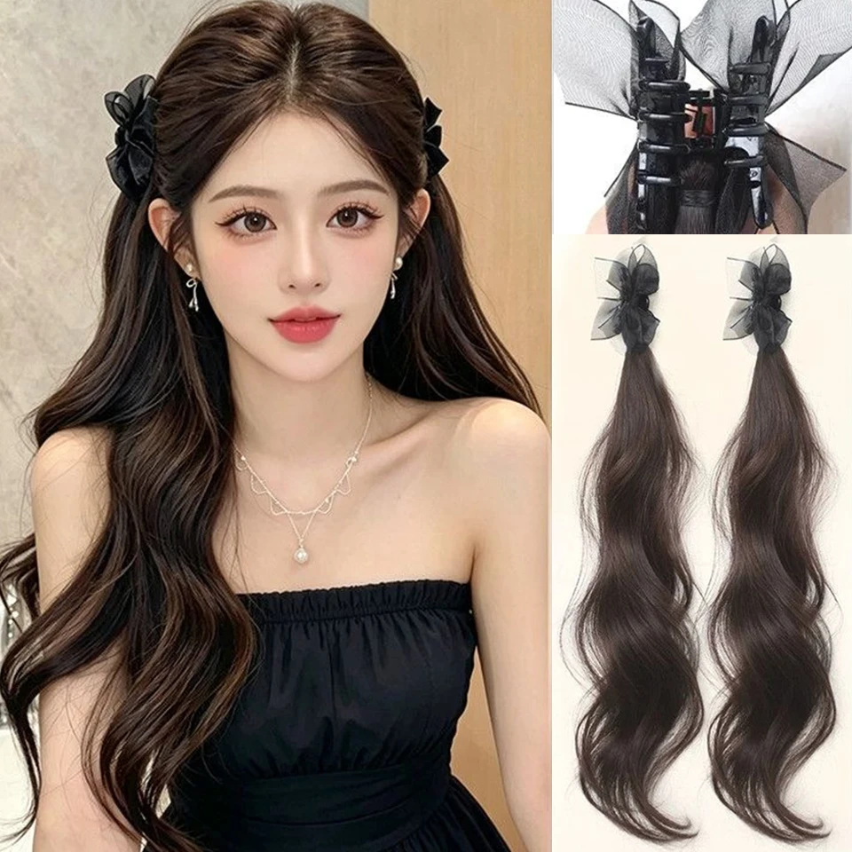 2PCS Fashionable Highlight Elf Ear Synthetic Wig Sweet Princess Head Mesh Bow Clip-on Curly Hair Ponytail Wig for Women Daily