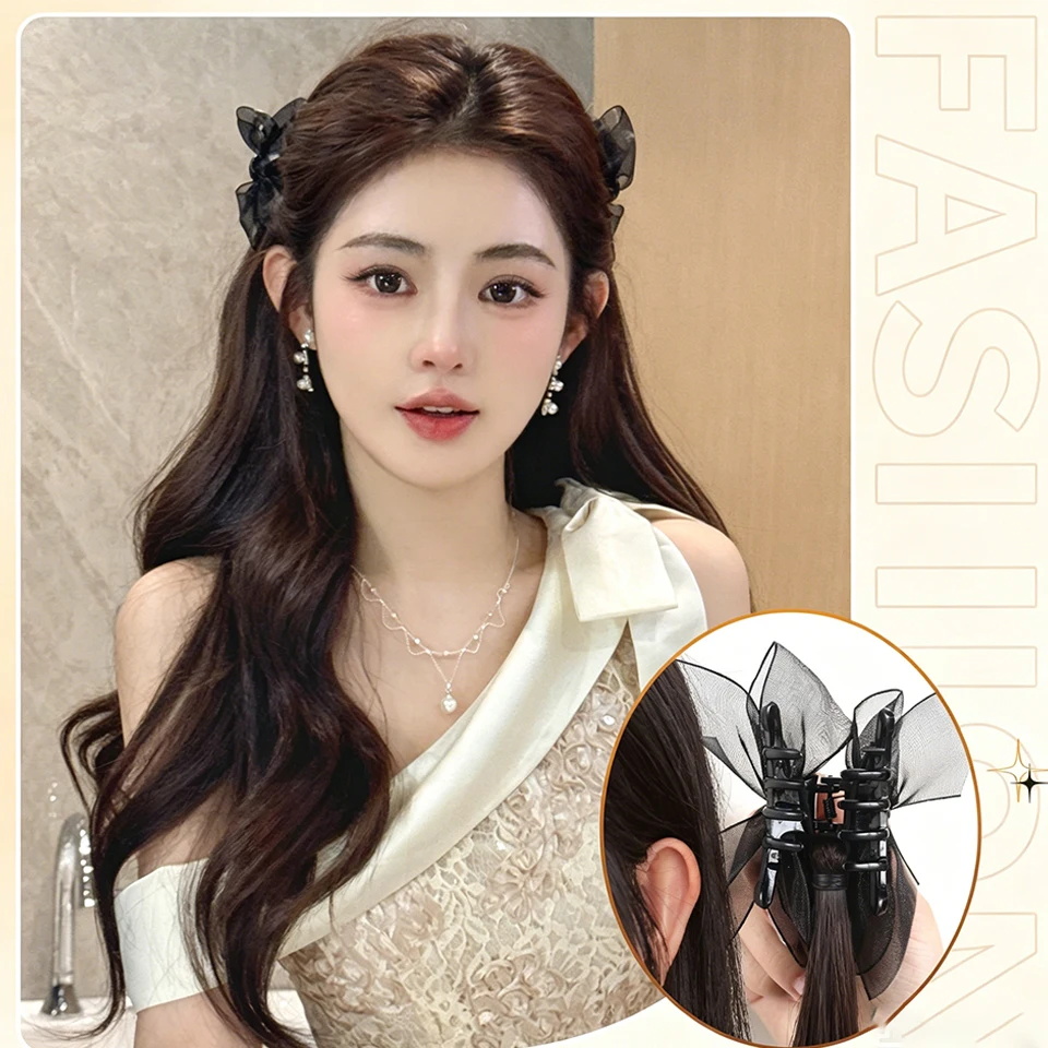 2PCS Fashionable Highlight Elf Ear Synthetic Wig Sweet Princess Head Mesh Bow Clip-on Curly Hair Ponytail Wig for Women Daily