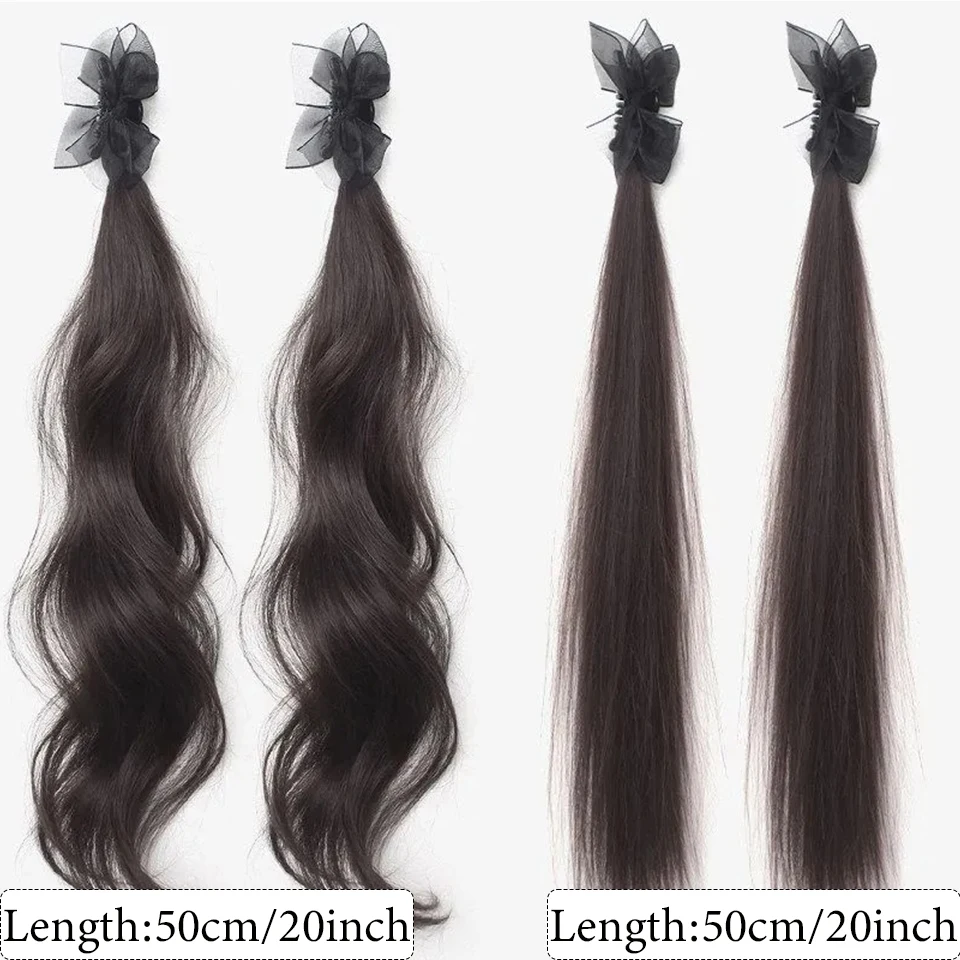 2PCS Fashionable Highlight Elf Ear Synthetic Wig Sweet Princess Head Mesh Bow Clip-on Curly Hair Ponytail Wig for Women Daily