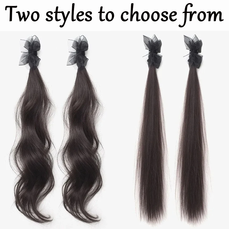 2PCS Fashionable Highlight Elf Ear Synthetic Wig Sweet Princess Head Mesh Bow Clip-on Curly Hair Ponytail Wig for Women Daily