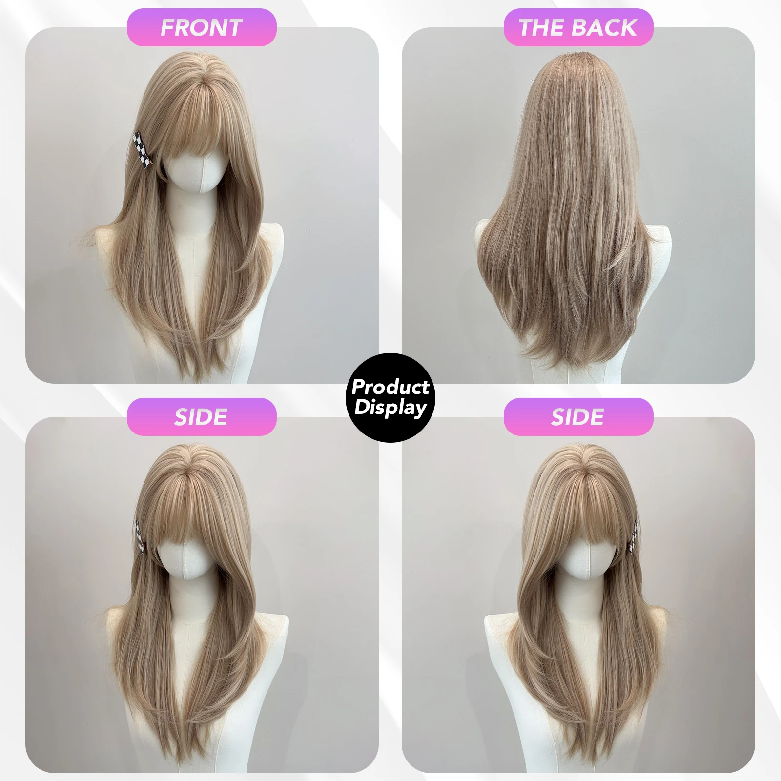 MEISU 22 Inch Synthetic Air Bangs Wig Straight Layered Straight Wigs Fiber Heat-resistant Party or Selfie For Women Daily Use