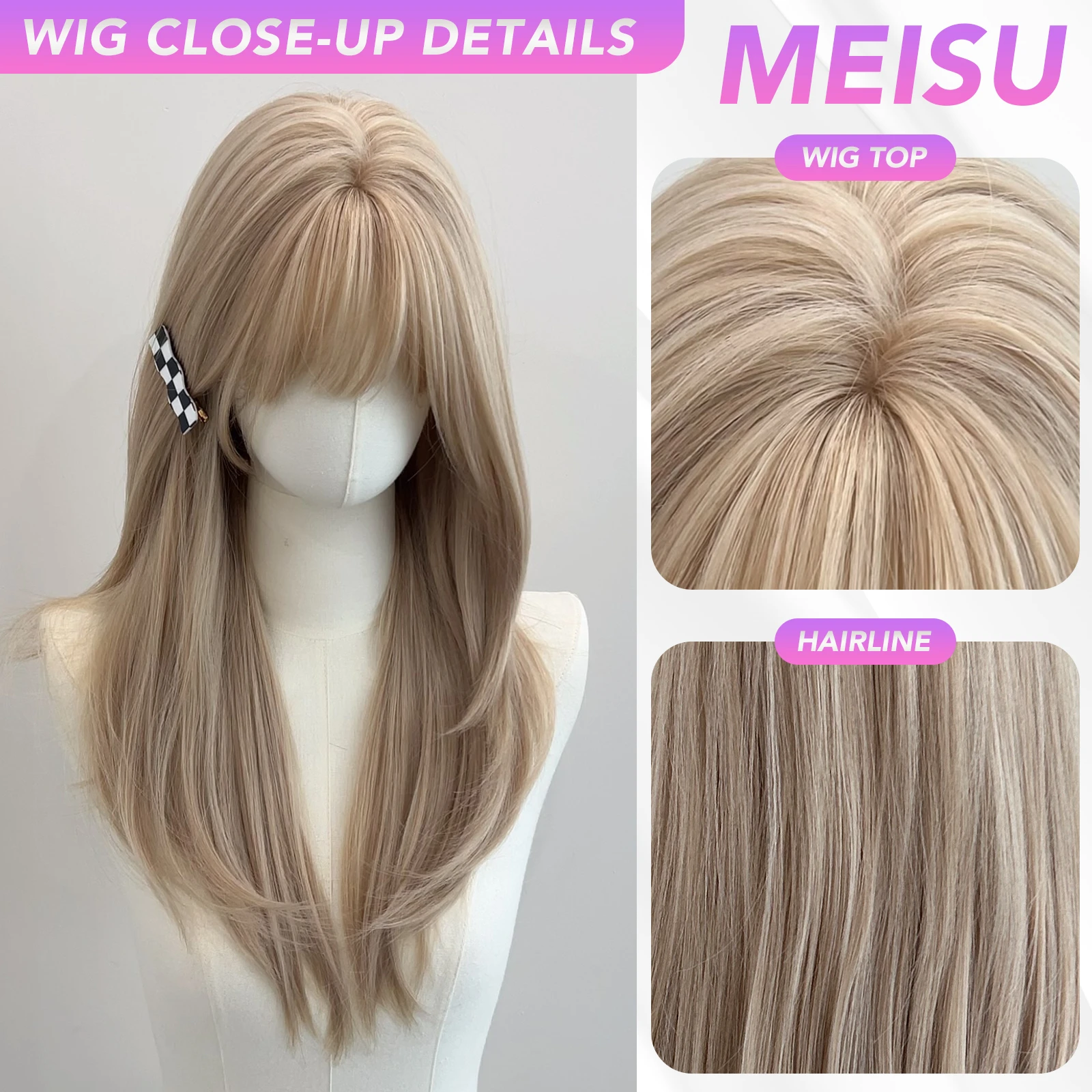 MEISU 22 Inch Synthetic Air Bangs Wig Straight Layered Straight Wigs Fiber Heat-resistant Party or Selfie For Women Daily Use