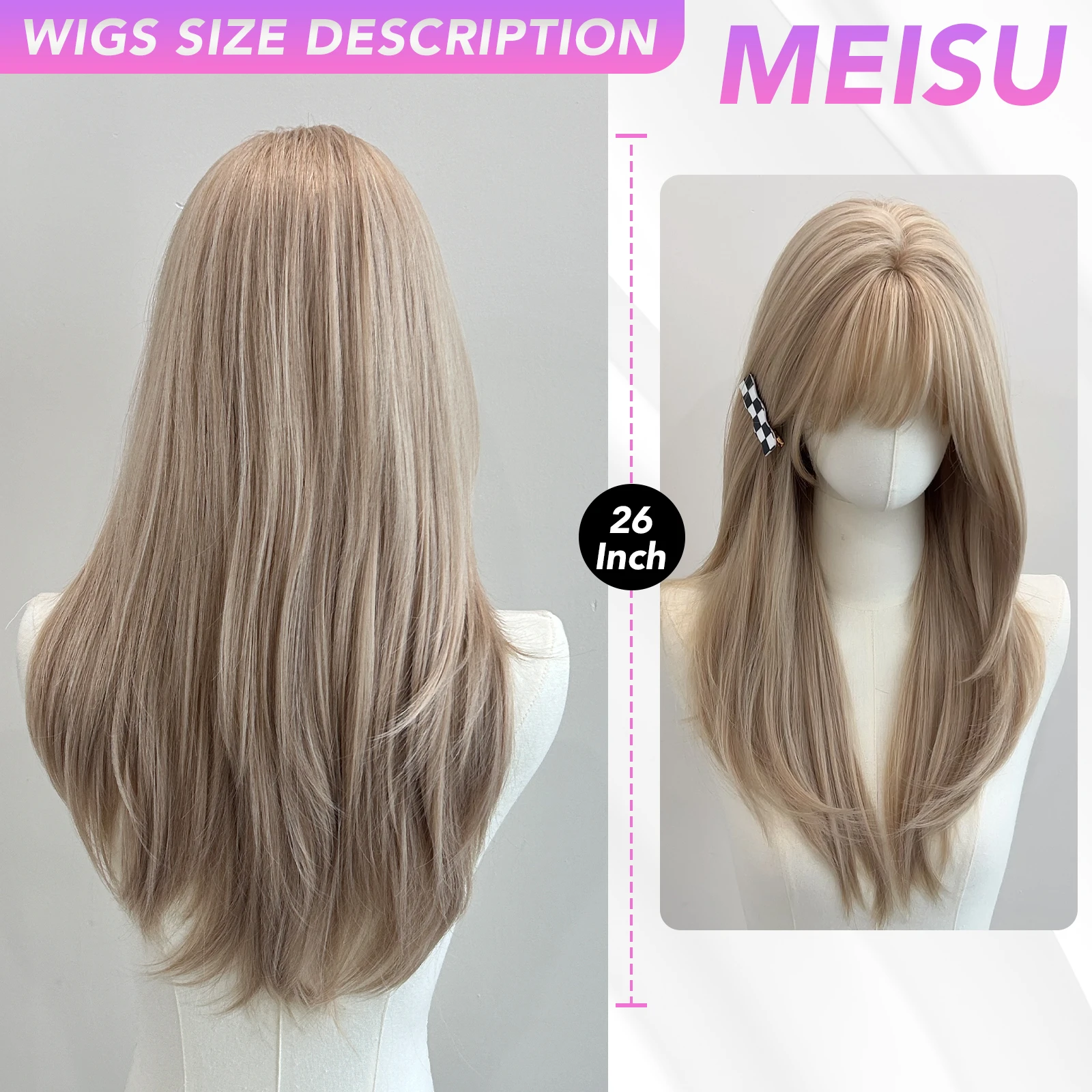 MEISU 22 Inch Synthetic Air Bangs Wig Straight Layered Straight Wigs Fiber Heat-resistant Party or Selfie For Women Daily Use