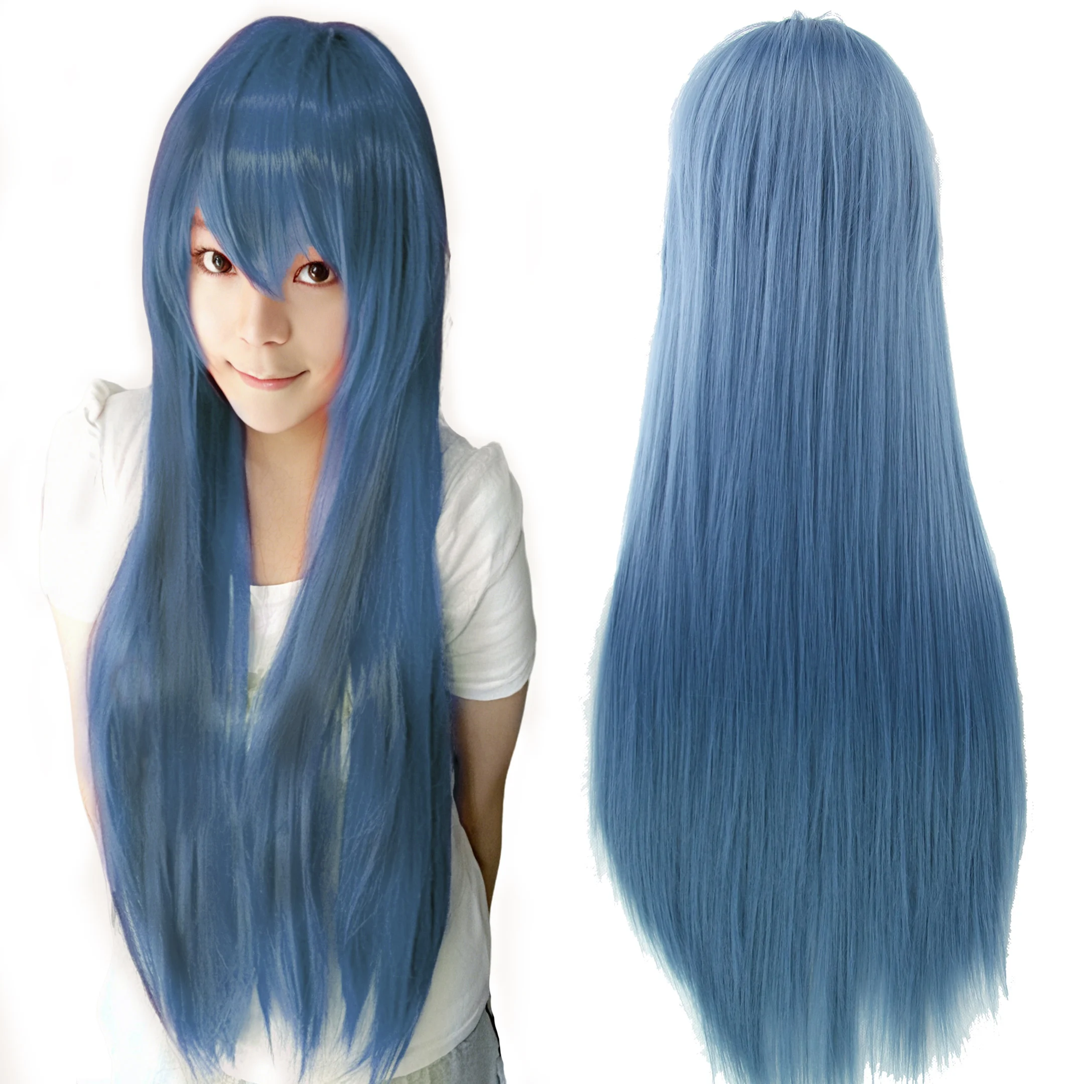 Synthetic Hair Navy Blue Straight Long Wig Anime Cosplay Mio Akiyama Halloween Costume Ruri Gokou Hair Wigs with Bangs