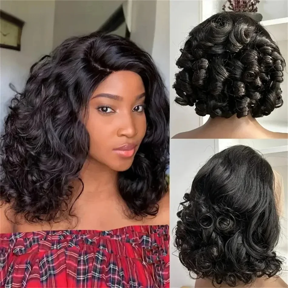 Raw Hair Vietnamese 250 Density 100% Hair Lace Frontal Wig Bouncy Wave Loose Wave Bob Wig Lace Front Hair Synthetic Material Wig