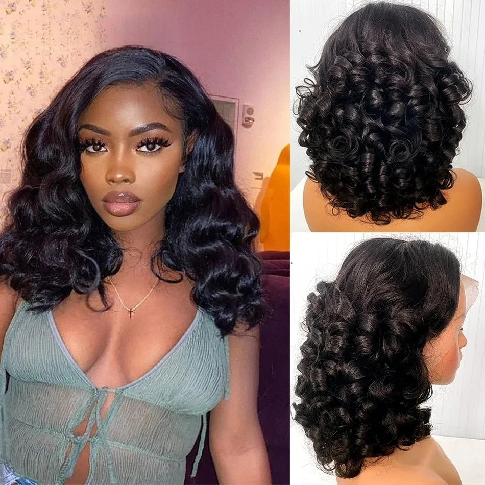 Raw Hair Vietnamese 250 Density 100% Hair Lace Frontal Wig Bouncy Wave Loose Wave Bob Wig Lace Front Hair Synthetic Material Wig