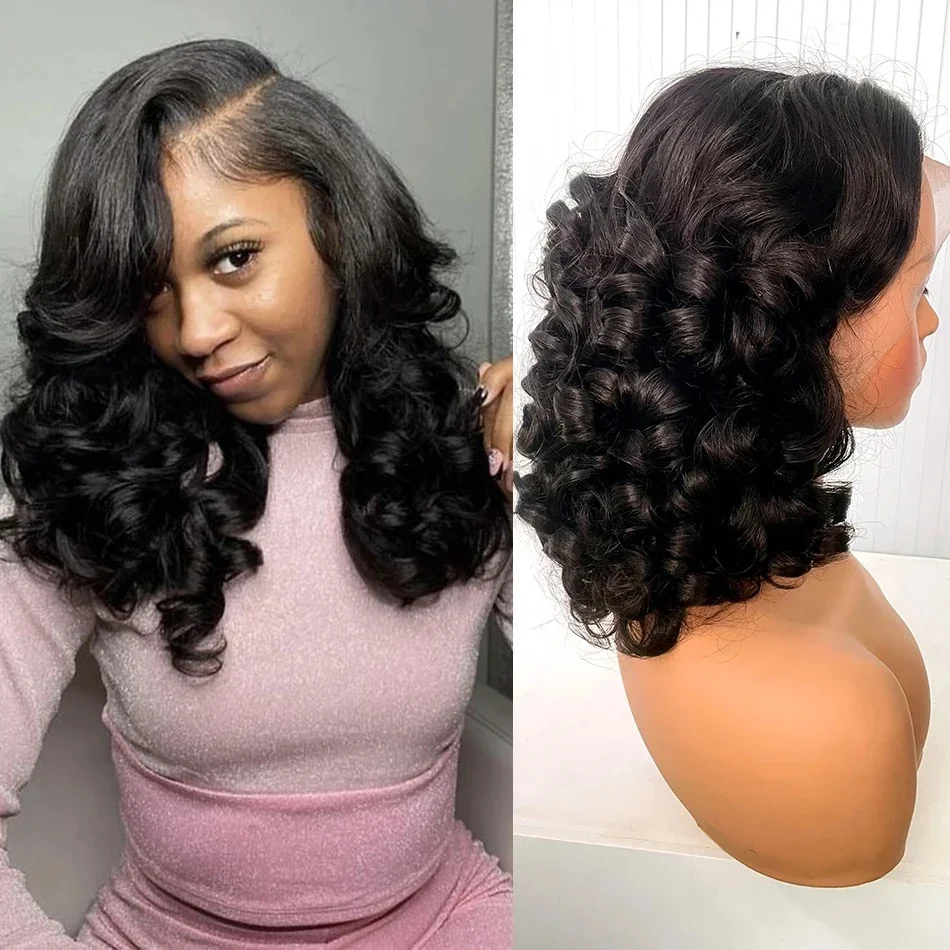 Raw Hair Vietnamese 250 Density 100% Hair Lace Frontal Wig Bouncy Wave Loose Wave Bob Wig Lace Front Hair Synthetic Material Wig