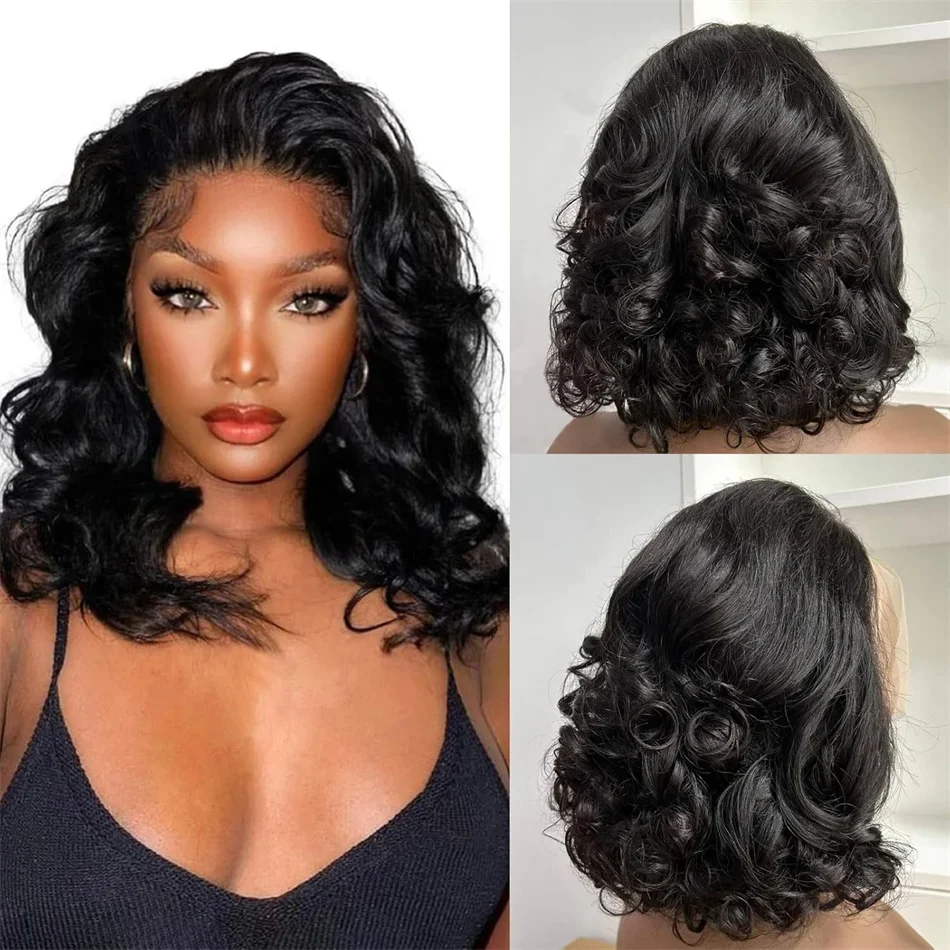 Raw Hair Vietnamese 250 Density 100% Hair Lace Frontal Wig Bouncy Wave Loose Wave Bob Wig Lace Front Hair Synthetic Material Wig