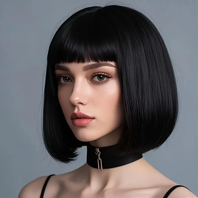 Short Bob Black Synthetic Wig Halloween Party Cosplay Wig Daily High-Temperature Silk Wig Set