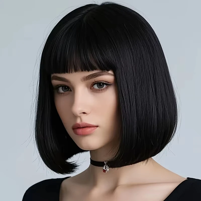 Short Bob Black Synthetic Wig Halloween Party Cosplay Wig Daily High-Temperature Silk Wig Set