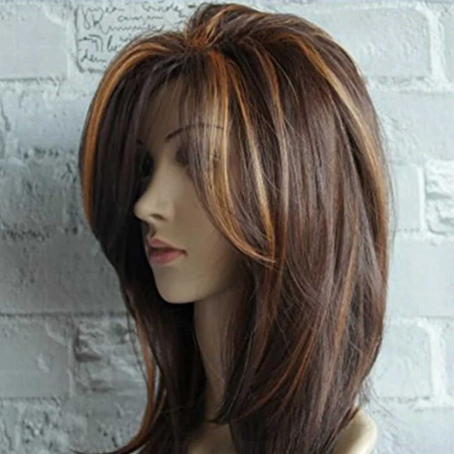 22-Inch Medium-Length Wavy Synthetic Wig, Made of Linen Blend and Brown Color, Is Suitable for Daily Wear by Fashionable Women