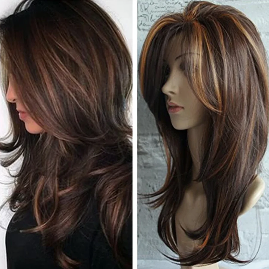 22-Inch Medium-Length Wavy Synthetic Wig, Made of Linen Blend and Brown Color, Is Suitable for Daily Wear by Fashionable Women
