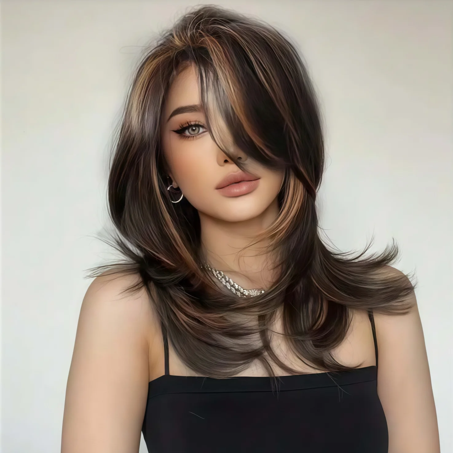 22-Inch Medium-Length Wavy Synthetic Wig, Made of Linen Blend and Brown Color, Is Suitable for Daily Wear by Fashionable Women