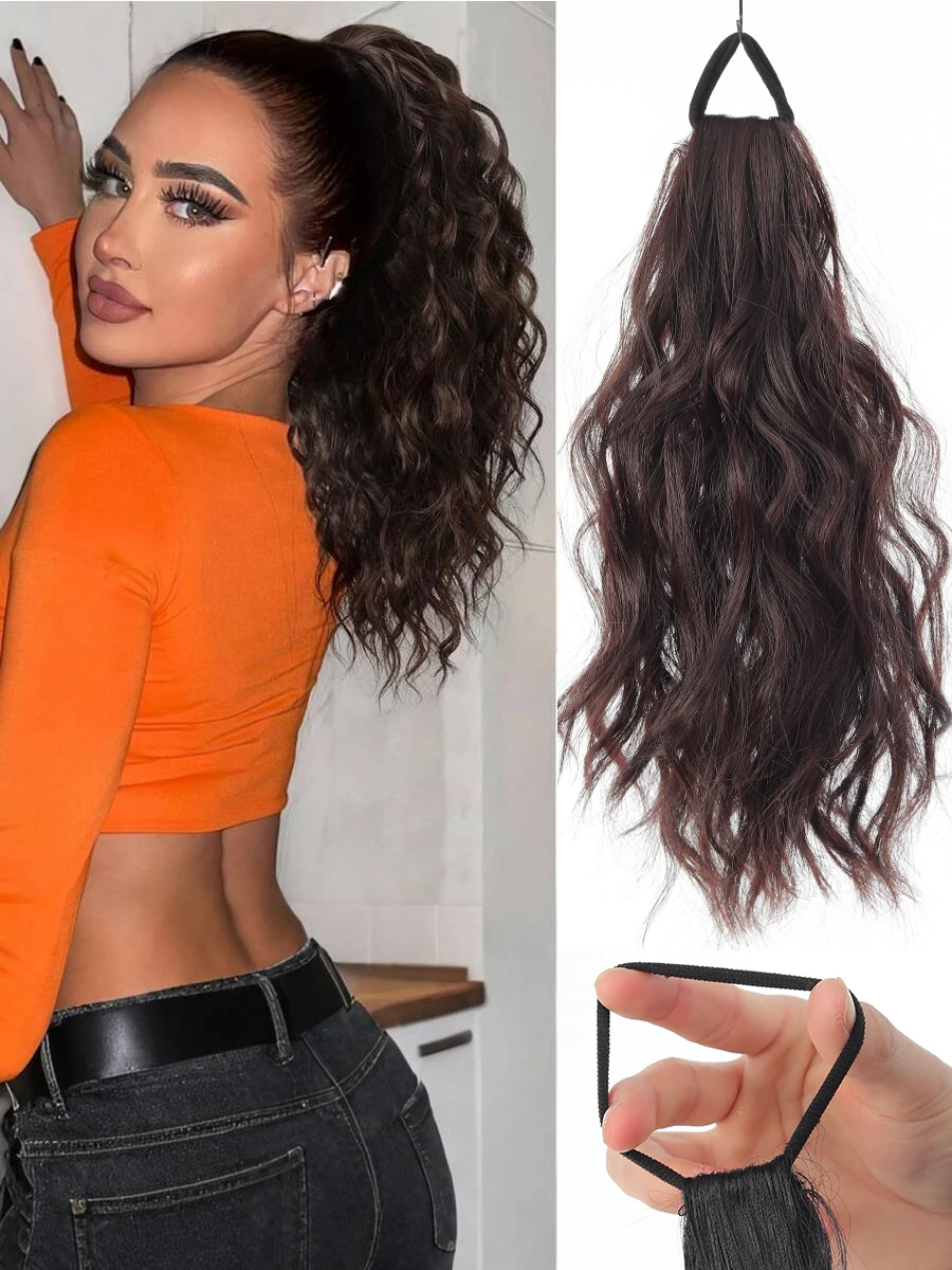 Synthetic Hair Ponytail Extensions Wig Wavy Curly Ponytail Hairpiece with Elastic Rubber Band Fluffy Wavy Ponytail for Women