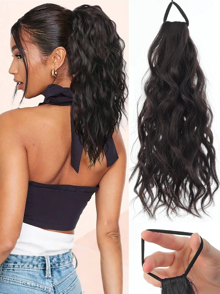 Synthetic Hair Ponytail Extensions Wig Wavy Curly Ponytail Hairpiece with Elastic Rubber Band Fluffy Wavy Ponytail for Women