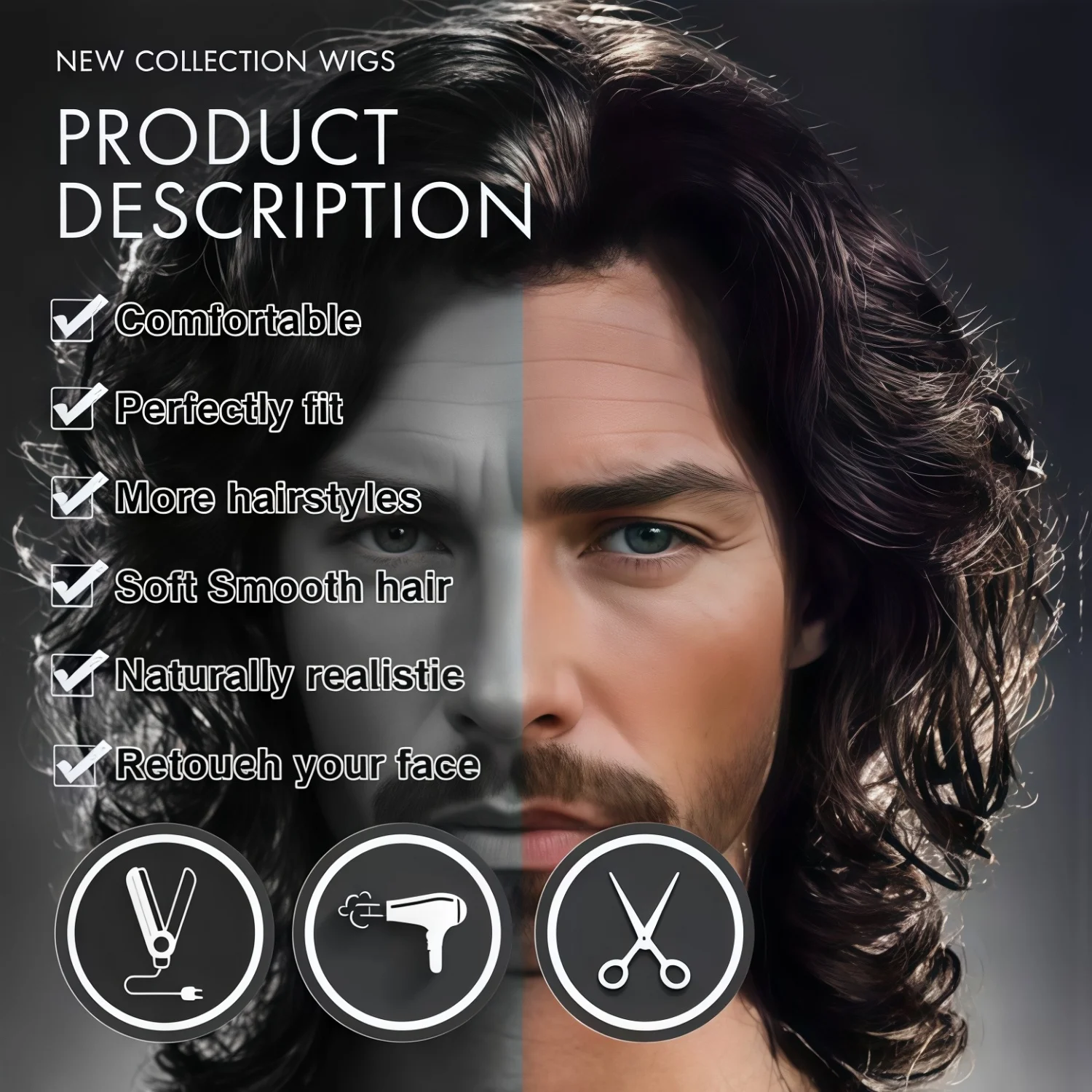 Men's and Women's Medium to Long Wavy Wig with Bangs and Curly Brown Short Curly Synthetic Wig, Natural Wavy Black Brown