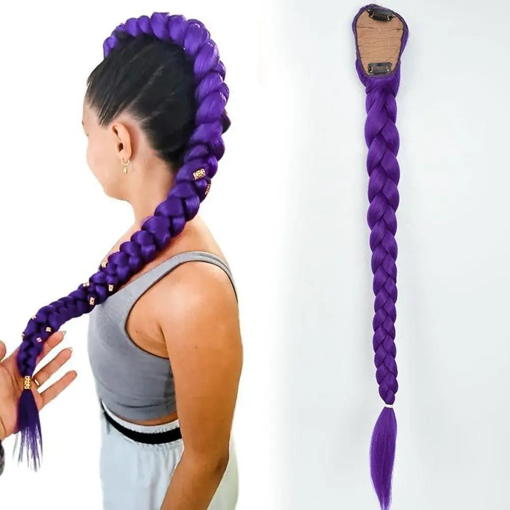 66cm Purple Braided Hair Ponytail Extensions for Kids Cosplay Long Purple Braids Rumi Hairstyle for Kids Christmas Party Use
