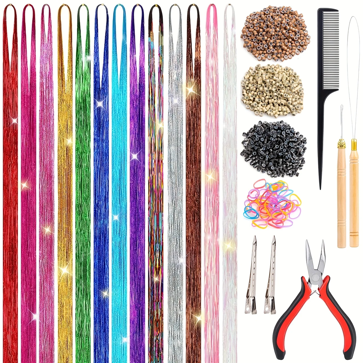 48 Inch Synthetic Hair Tinsel Kit With Tool 1300 Strands Tinsel Hair Extensions 13 Colors Fairy Hair Tinsel Sparkling Shiny Hair