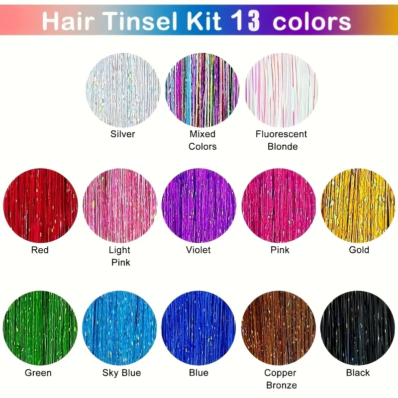 48 Inch Synthetic Hair Tinsel Kit With Tool 1300 Strands Tinsel Hair Extensions 13 Colors Fairy Hair Tinsel Sparkling Shiny Hair