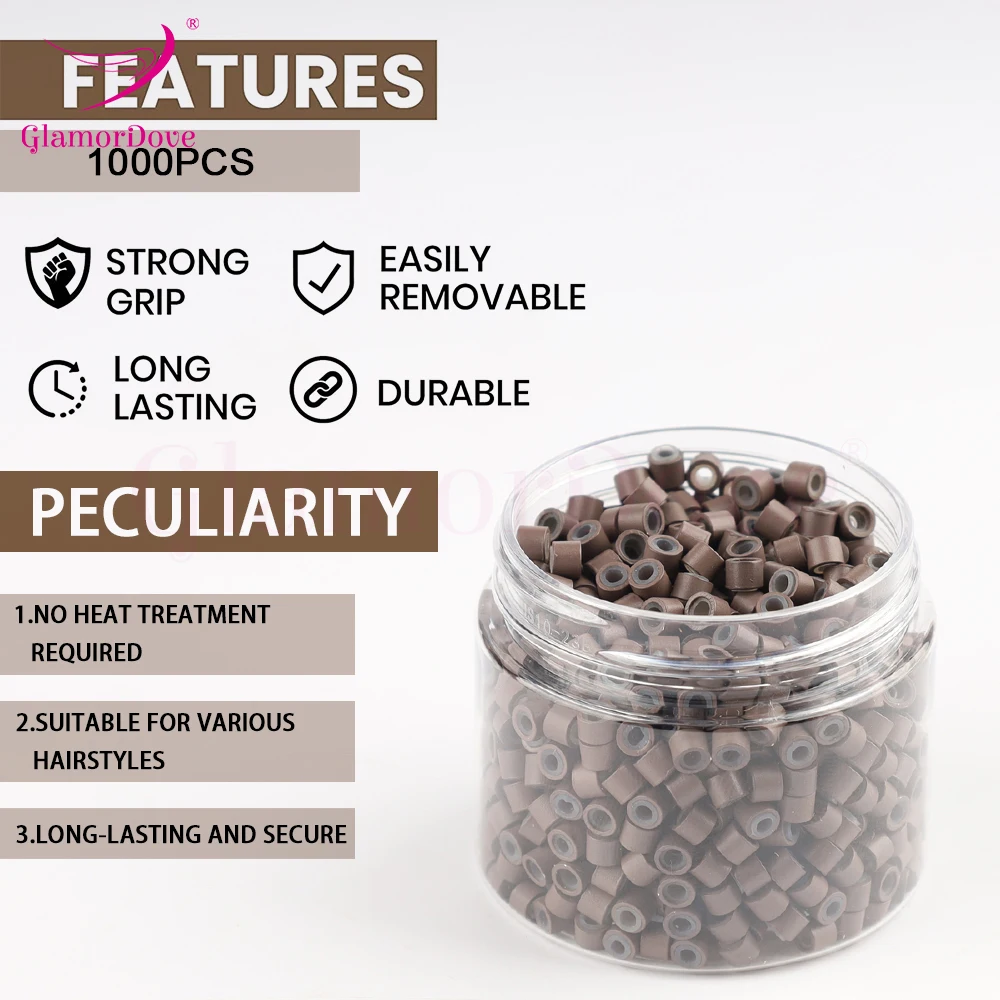GlamorDove 1000Pcs 4mm Micro Rings For Hair Extensions Microlinks For Hair Silicone Lined Hair Extension Bead Tools Accessories