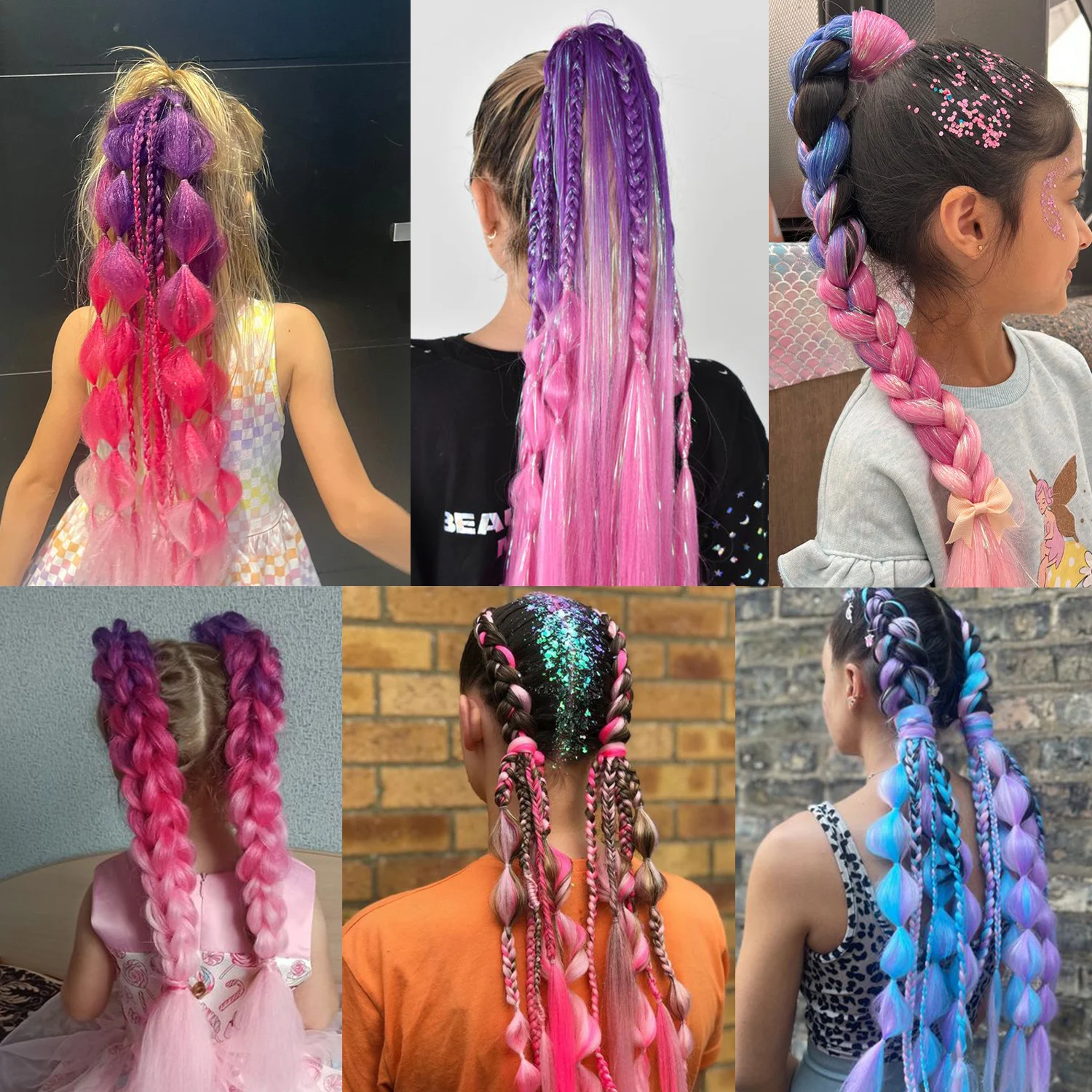 Purple Red Pink Tinsel Ponytail Extension with Elastic Hair Tie Synthetic Braiding Hair For Kids Girls Crazy Hair Day Brave Hair
