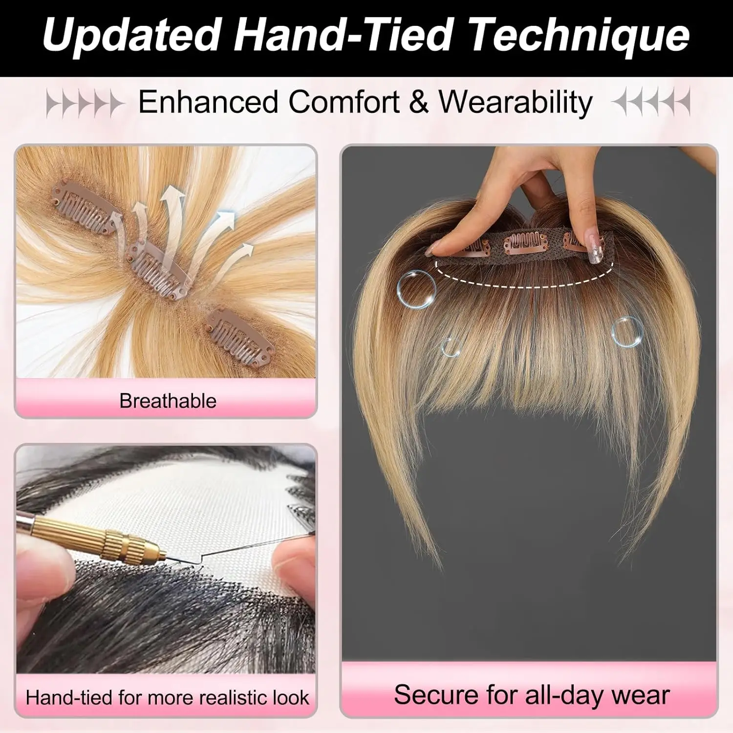 Ombre Brown to Blonde Clip in Bangs 100% Real Human Hair Bangs Wispy Bangs Hair Pieces 3 Secure Clips in Full Fringe Fake Bangs