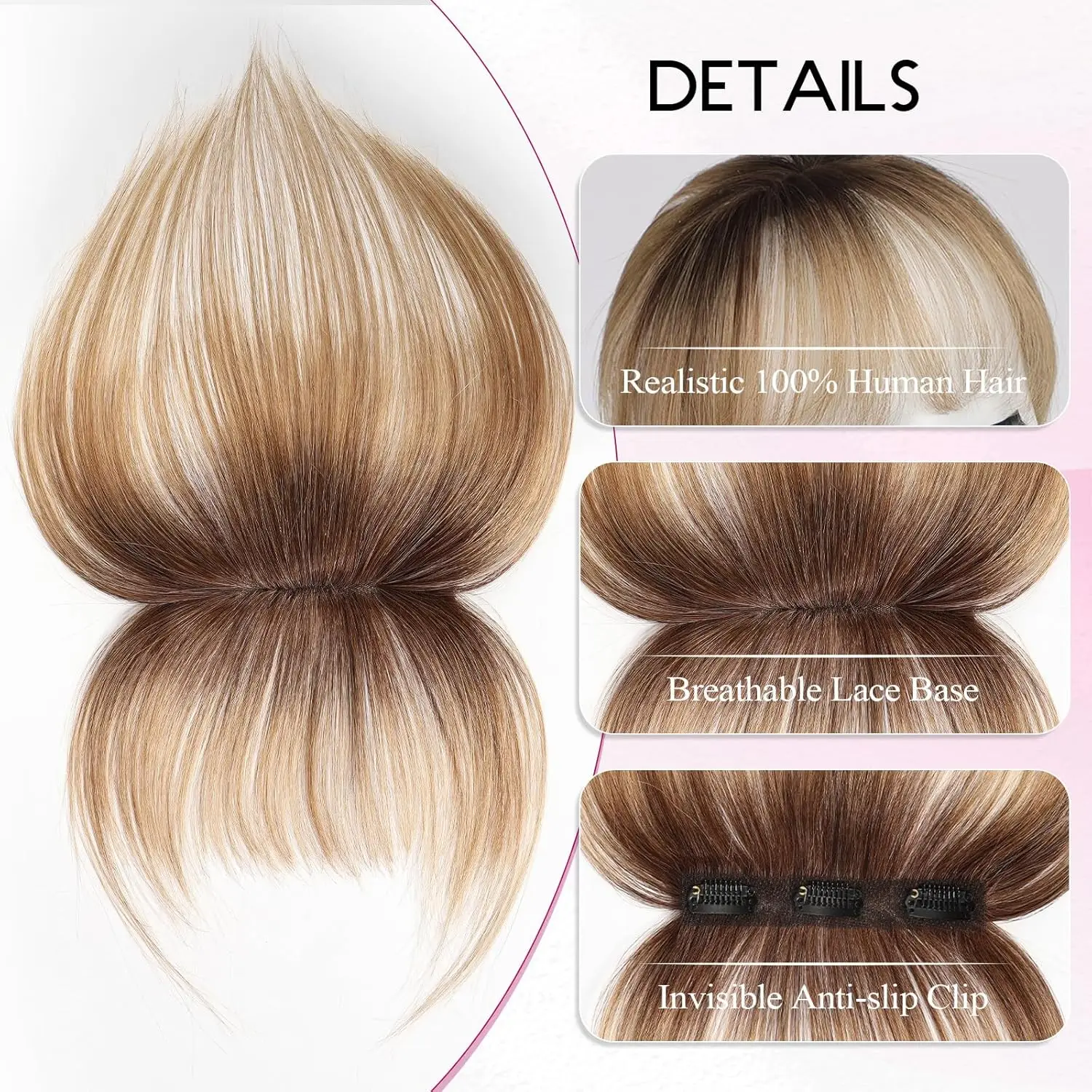 Ombre Brown to Blonde Clip in Bangs 100% Real Human Hair Bangs Wispy Bangs Hair Pieces 3 Secure Clips in Full Fringe Fake Bangs