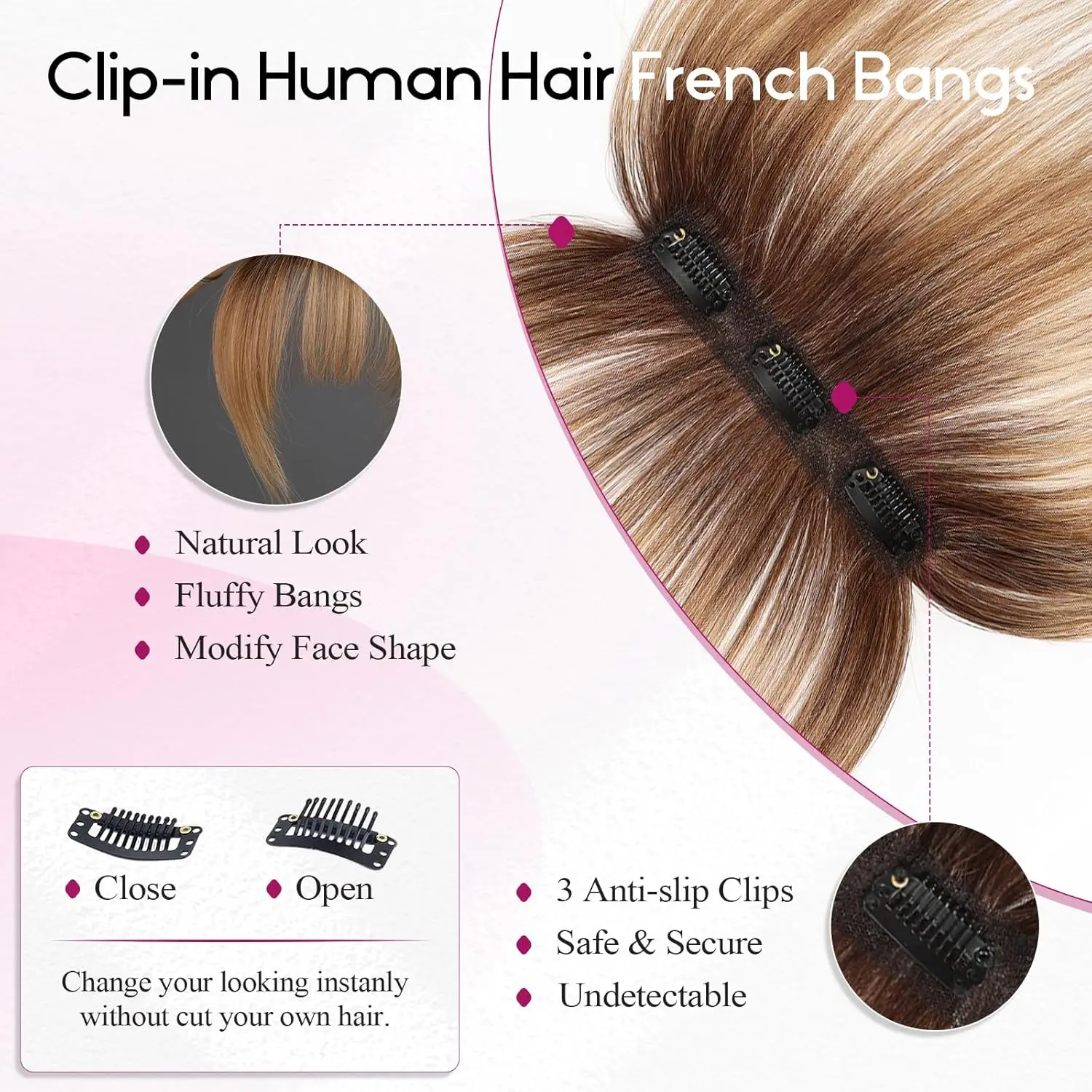 Ombre Brown to Blonde Clip in Bangs 100% Real Human Hair Bangs Wispy Bangs Hair Pieces 3 Secure Clips in Full Fringe Fake Bangs