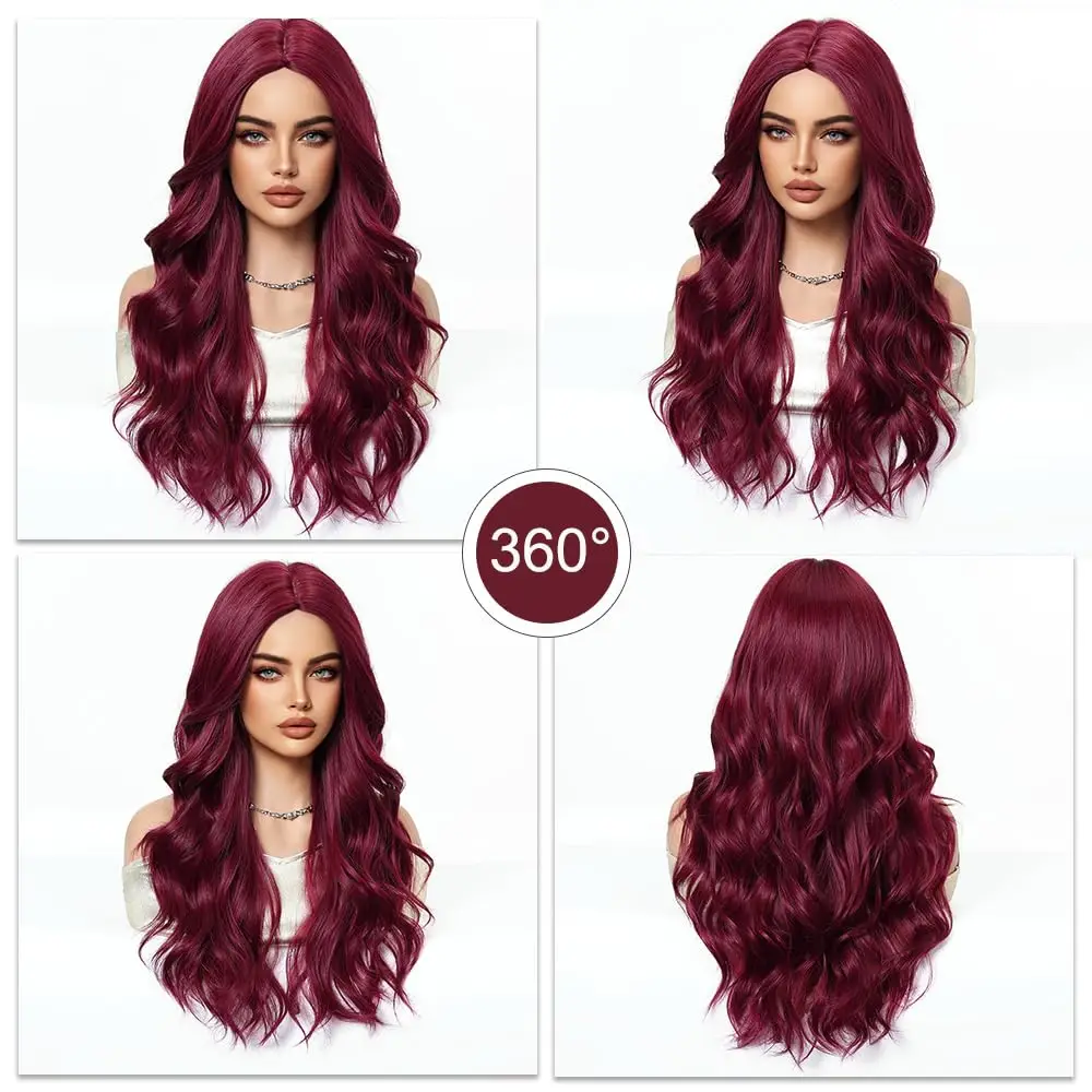 Wine Red Synthetic Wig, Big Wave Wig, Halloween Cosplay Role-Playing, Daily Wear, High-Temperature Silk Wig Cap.