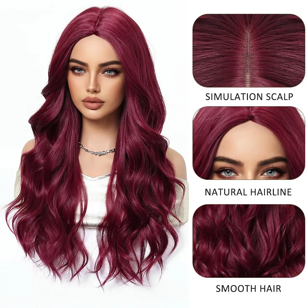 Wine Red Synthetic Wig, Big Wave Wig, Halloween Cosplay Role-Playing, Daily Wear, High-Temperature Silk Wig Cap.