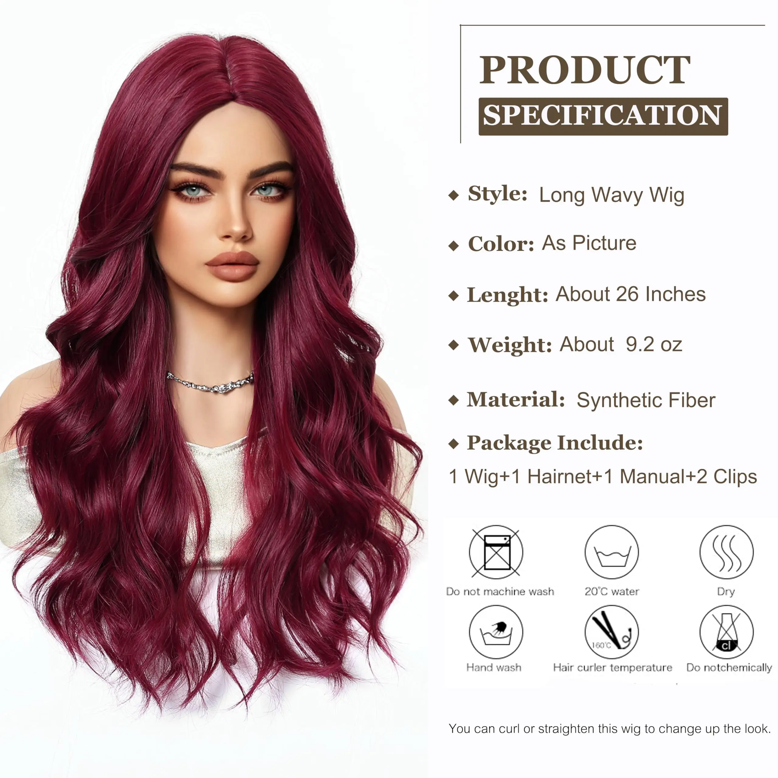 Wine Red Synthetic Wig, Big Wave Wig, Halloween Cosplay Role-Playing, Daily Wear, High-Temperature Silk Wig Cap.