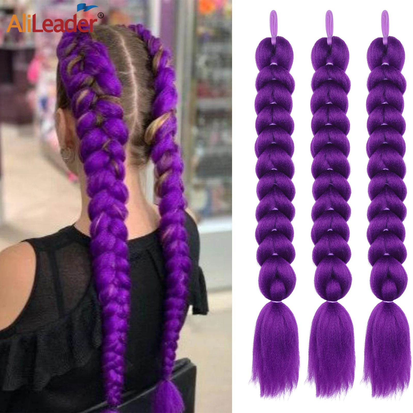 24Inch Diy Synthetic Braiding Hair Extensions Purple Braids Ponytail With Rubber Band Easy Clip In Ponytail For Cosplay Hallowee