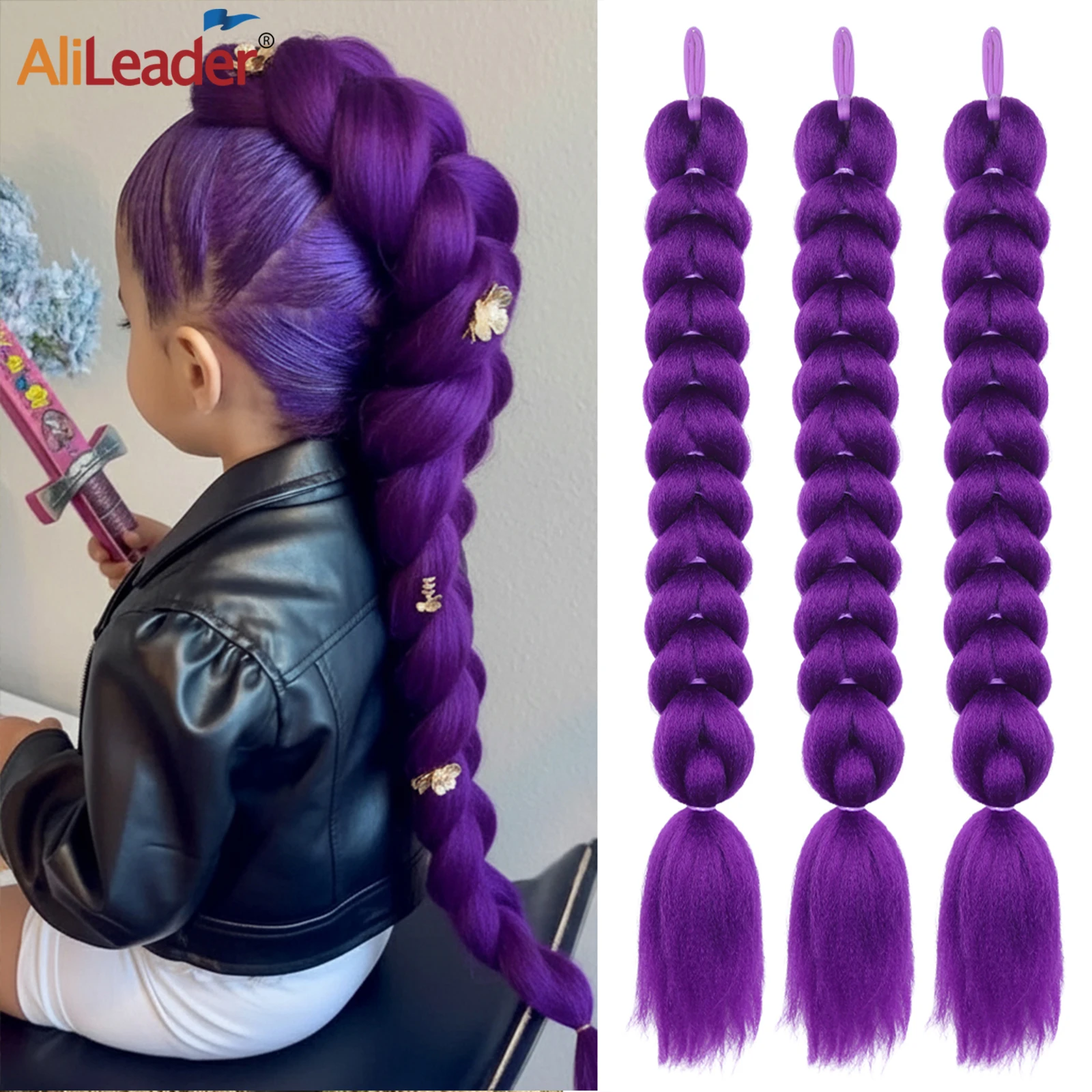 24Inch Diy Synthetic Braiding Hair Extensions Purple Braids Ponytail With Rubber Band Easy Clip In Ponytail For Cosplay Hallowee