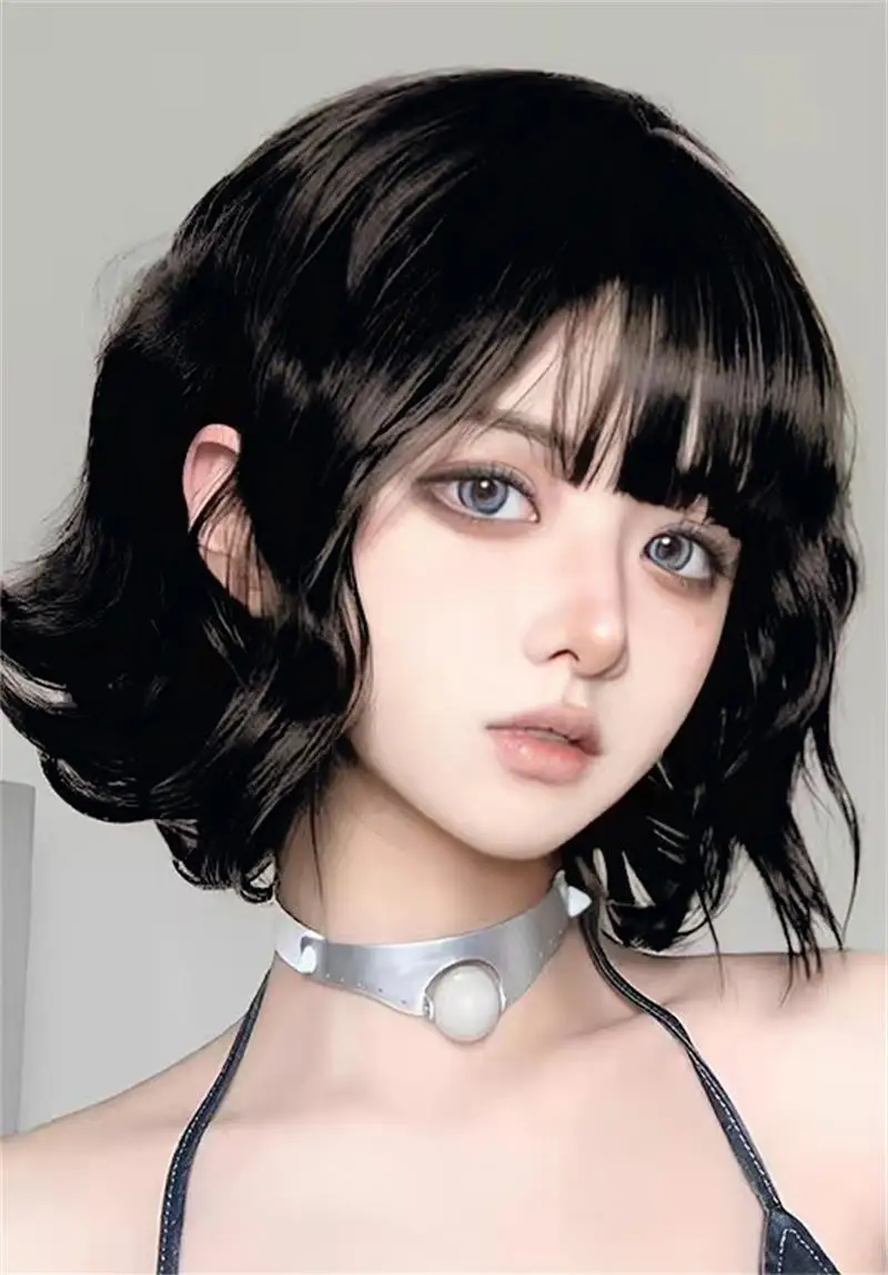 Chestnut Brown Short Wavy Bob Wig Synthetic Hair Straight Bangs Daily Sweet Lolita Cosplay Halloween Party Full Wigs for Women