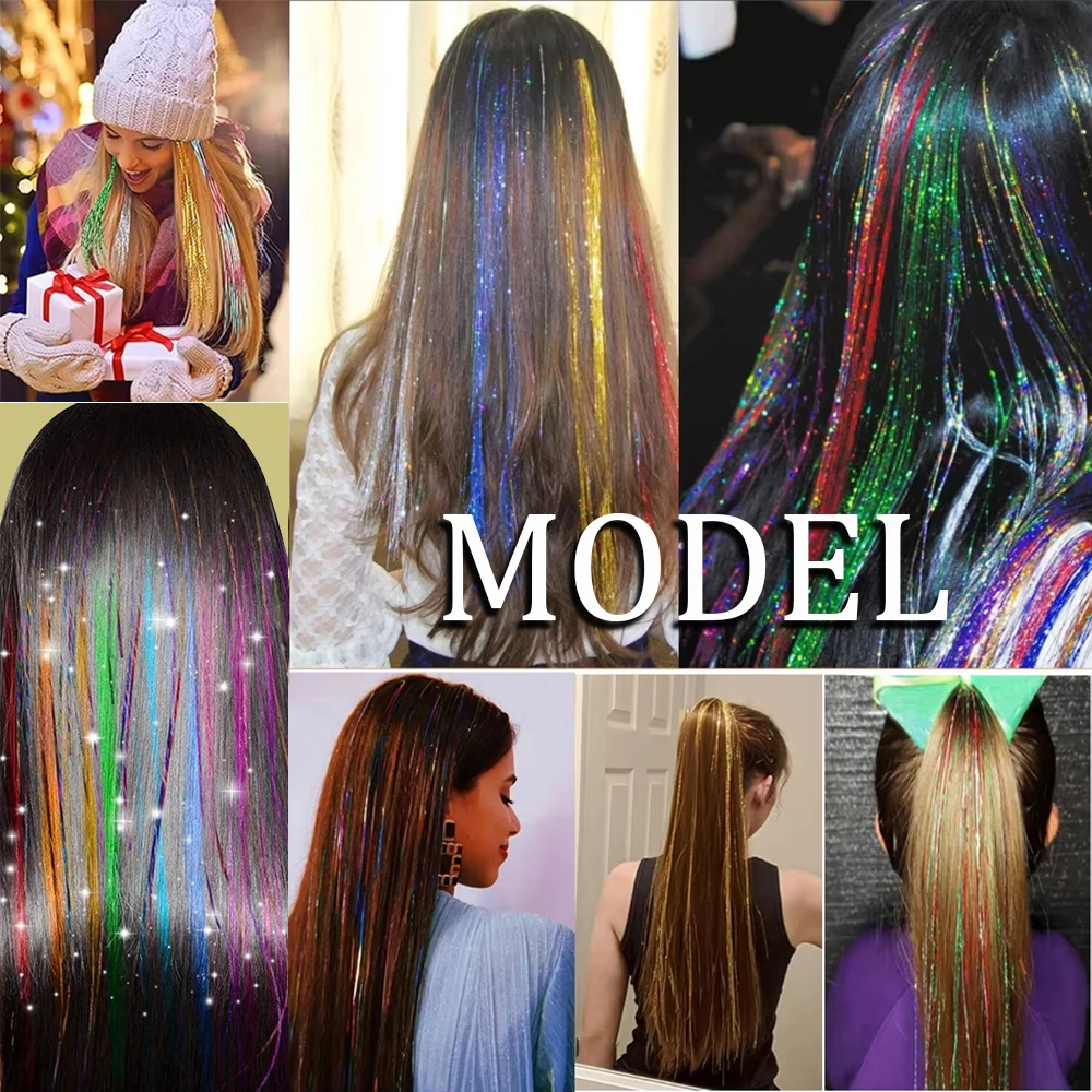 93/120cm Sparkle Synthetic Hair Extensions Tinsel Rainbow Colored Strands Girls Headwear Hairbinge Hair Laser False Decor