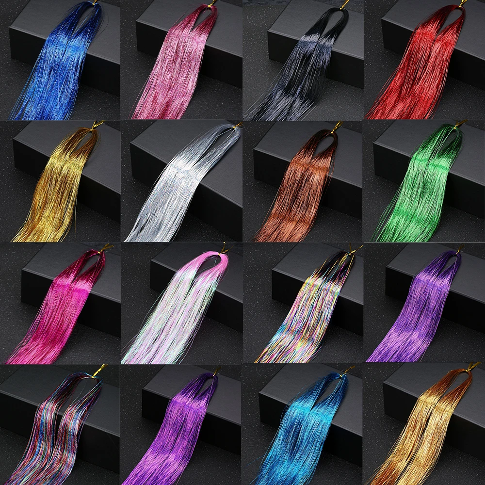 93/120cm Sparkle Synthetic Hair Extensions Tinsel Rainbow Colored Strands Girls Headwear Hairbinge Hair Laser False Decor