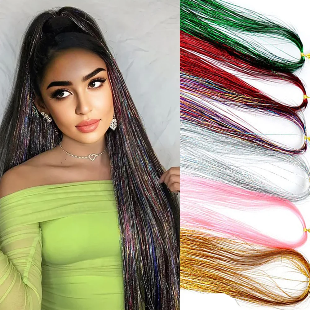 93/120cm Sparkle Synthetic Hair Extensions Tinsel Rainbow Colored Strands Girls Headwear Hairbinge Hair Laser False Decor